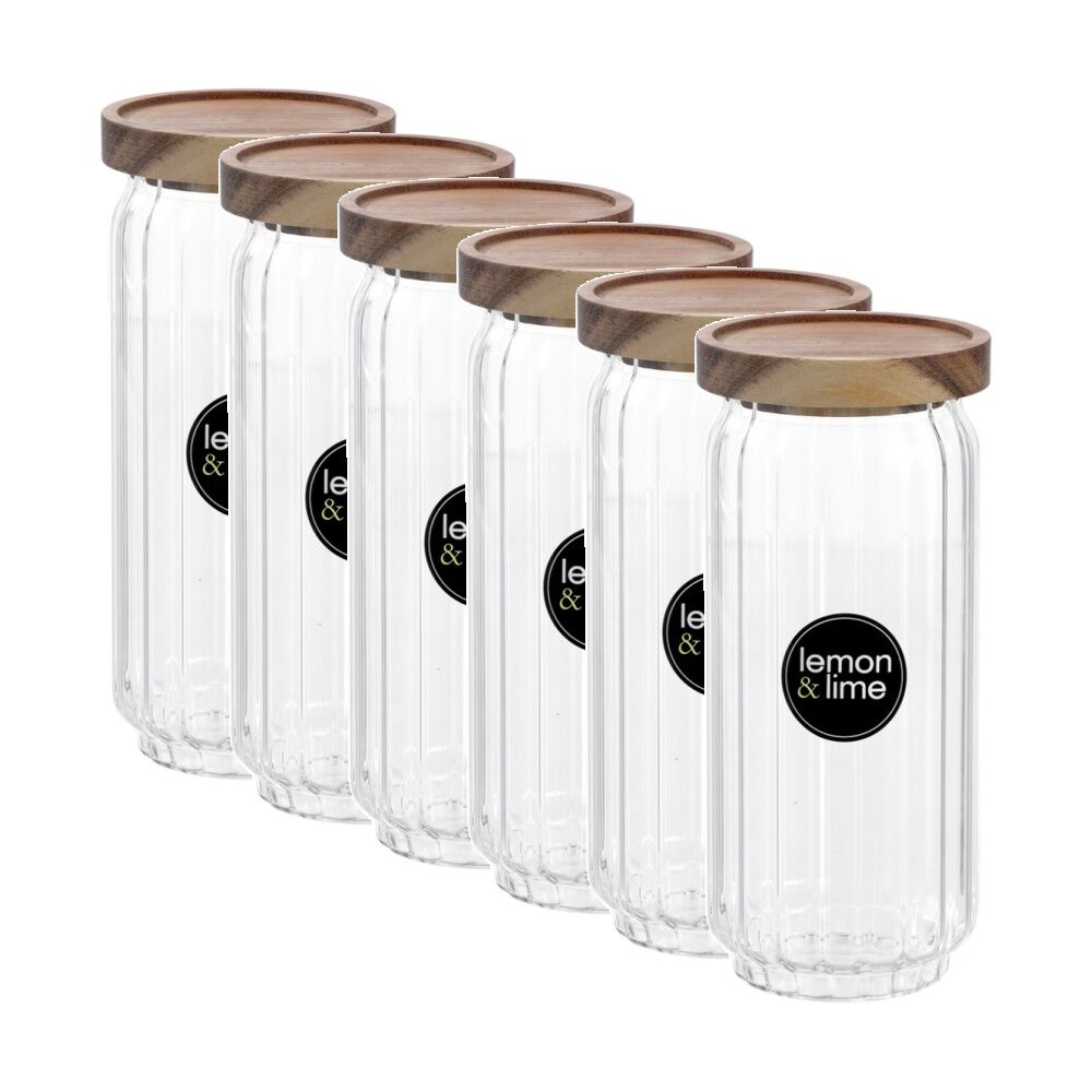 6PK Lemon And Lime Woodend Acacia Glass Jar Reusable Food Container 1L