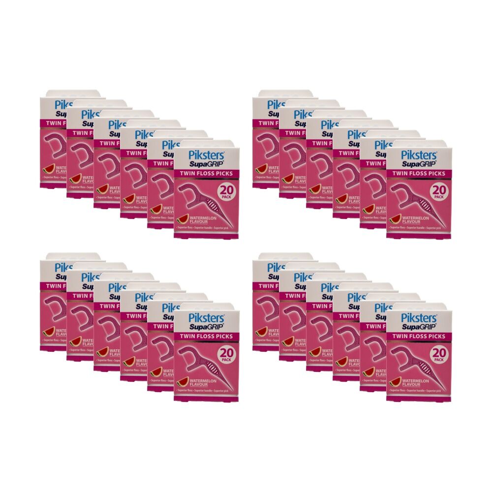 24x 20pc Piksters Twin Floss Picks Supa Grip Dental Oral Care Watermelon Flavour
