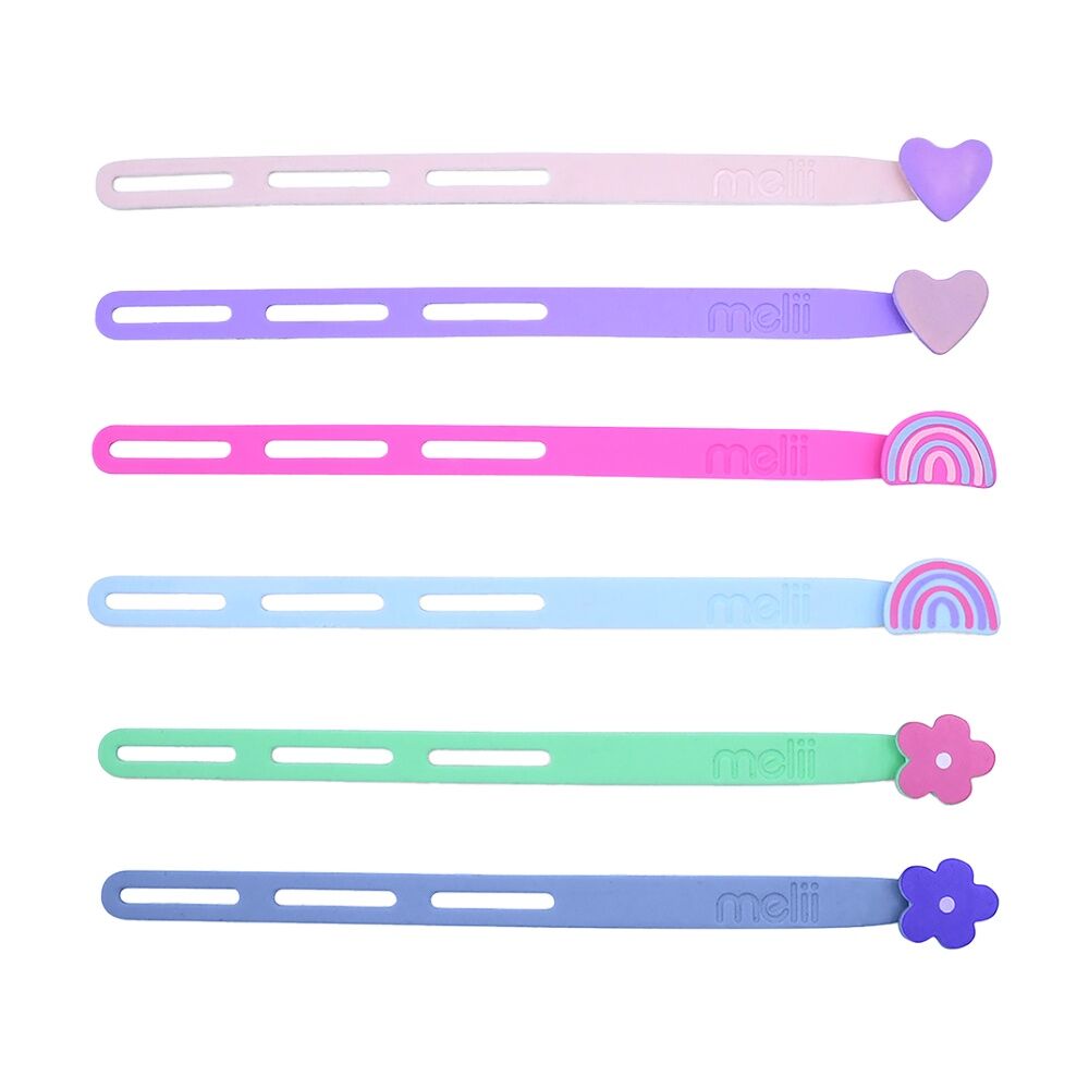 4x 6pc Melii Silicone Wrap Bands Flower Heart Rainbow Design Set Multicolour