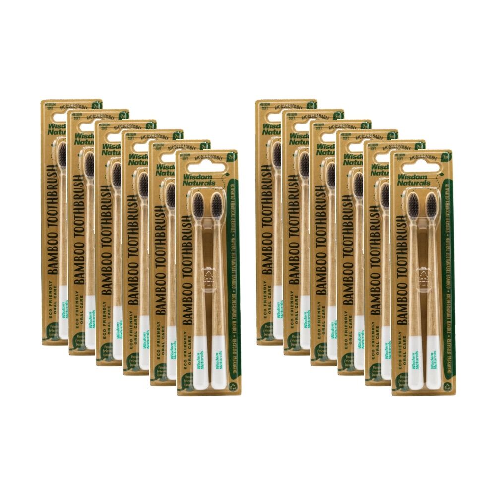 12x 2pc Wisdom Naturals Biodegradable Toothbrushes W/ Charcoal Bristles Bamboo
