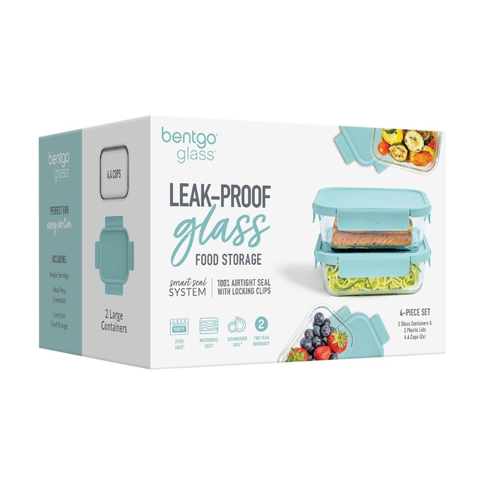 2pc Bentgo Rectangle Leakproof Glass Food Container With Lids Set Soft Aqua