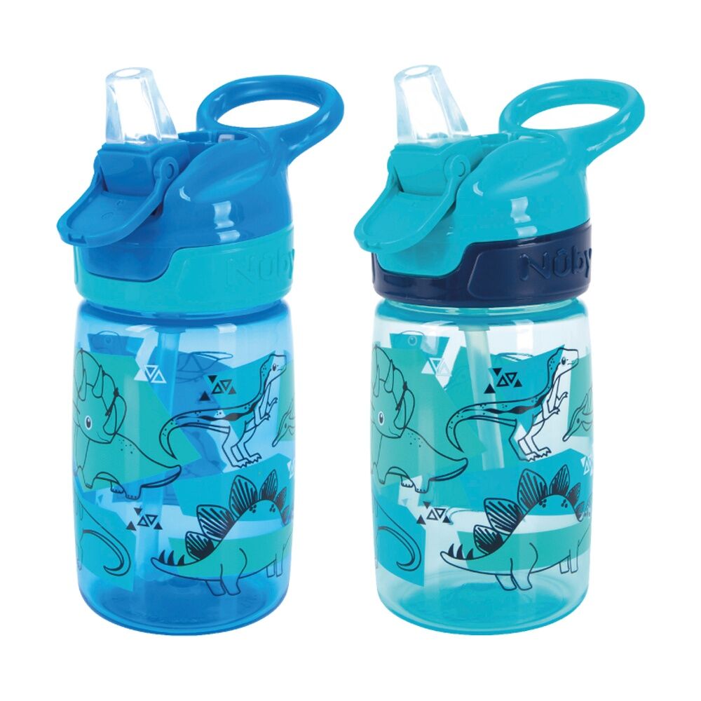 2pc Nuby Incredible Gulp Kids Water Bottle Dinosaur Print 360ml Blue 18m+