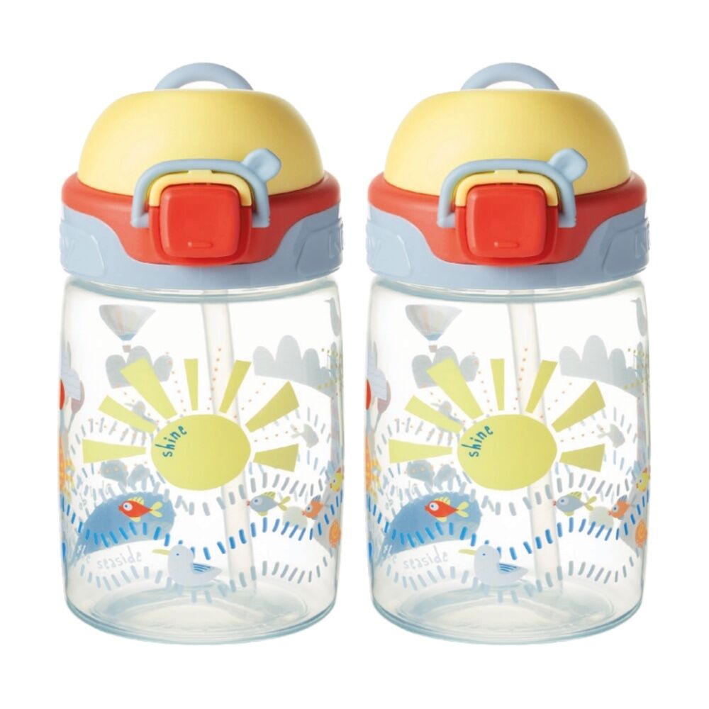 2x Nuby Super Straw Flip It Cup No-Spill Kids Water Bottle 360ml Yellow 12m+