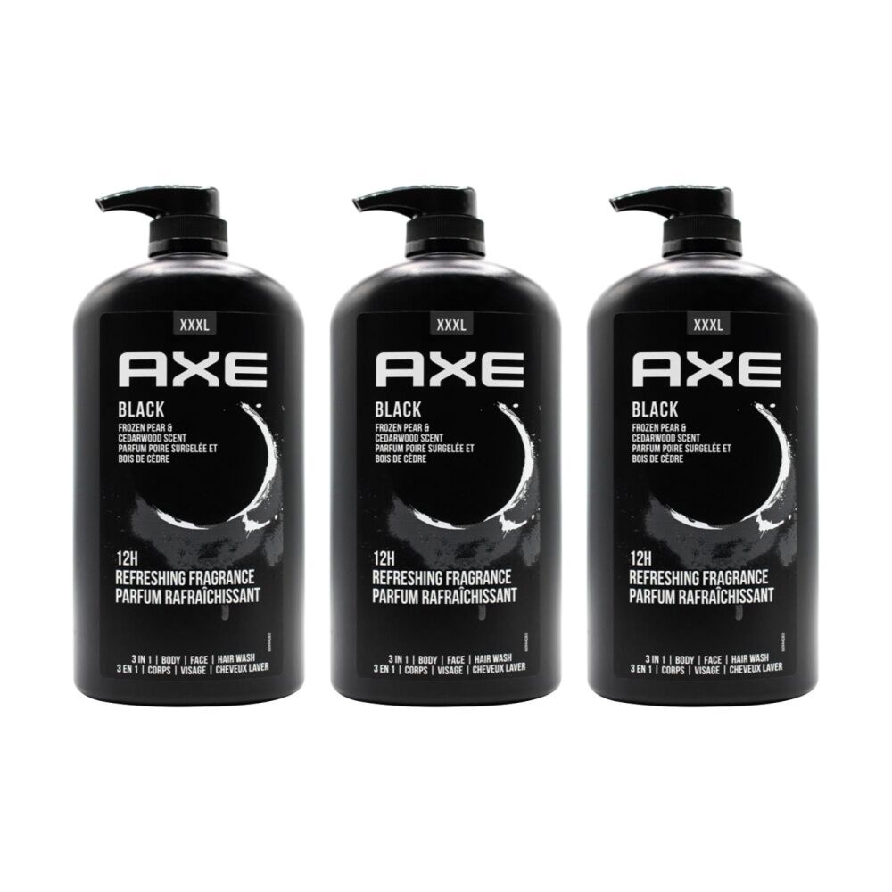 3PK Axe Men's 3 In 1 Face Hair Body Wash Black Frozen Pear & Cedarwood 1L