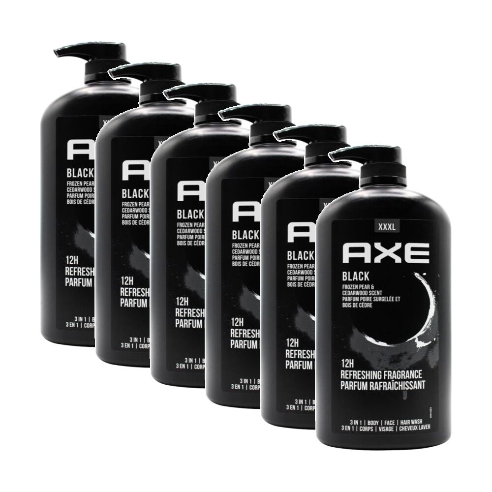 6PK Axe Men's 3 In 1 Face Hair Body Wash Black Frozen Pear & Cedarwood 1L