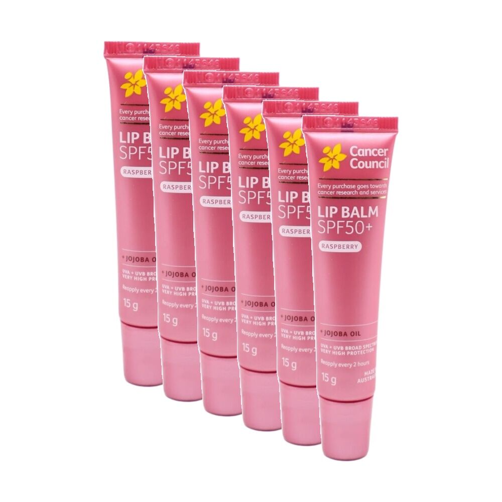 6PK Cancer Council Lip Balm SPF50+ Raspberry With Jojoba Oil 15g
