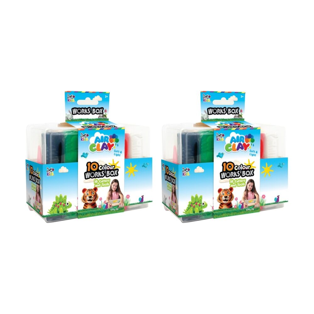 2PK Craft For Kids Air Clay Works Box Set 10 Colours 16 Cutters 3y+ 500g