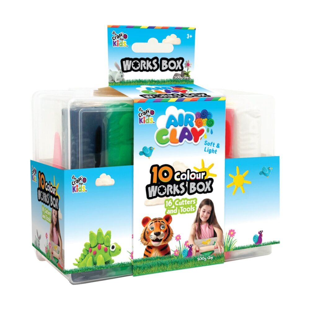 2PK Craft For Kids Air Clay Works Box Set 10 Colours 16 Cutters 3y+ 500g