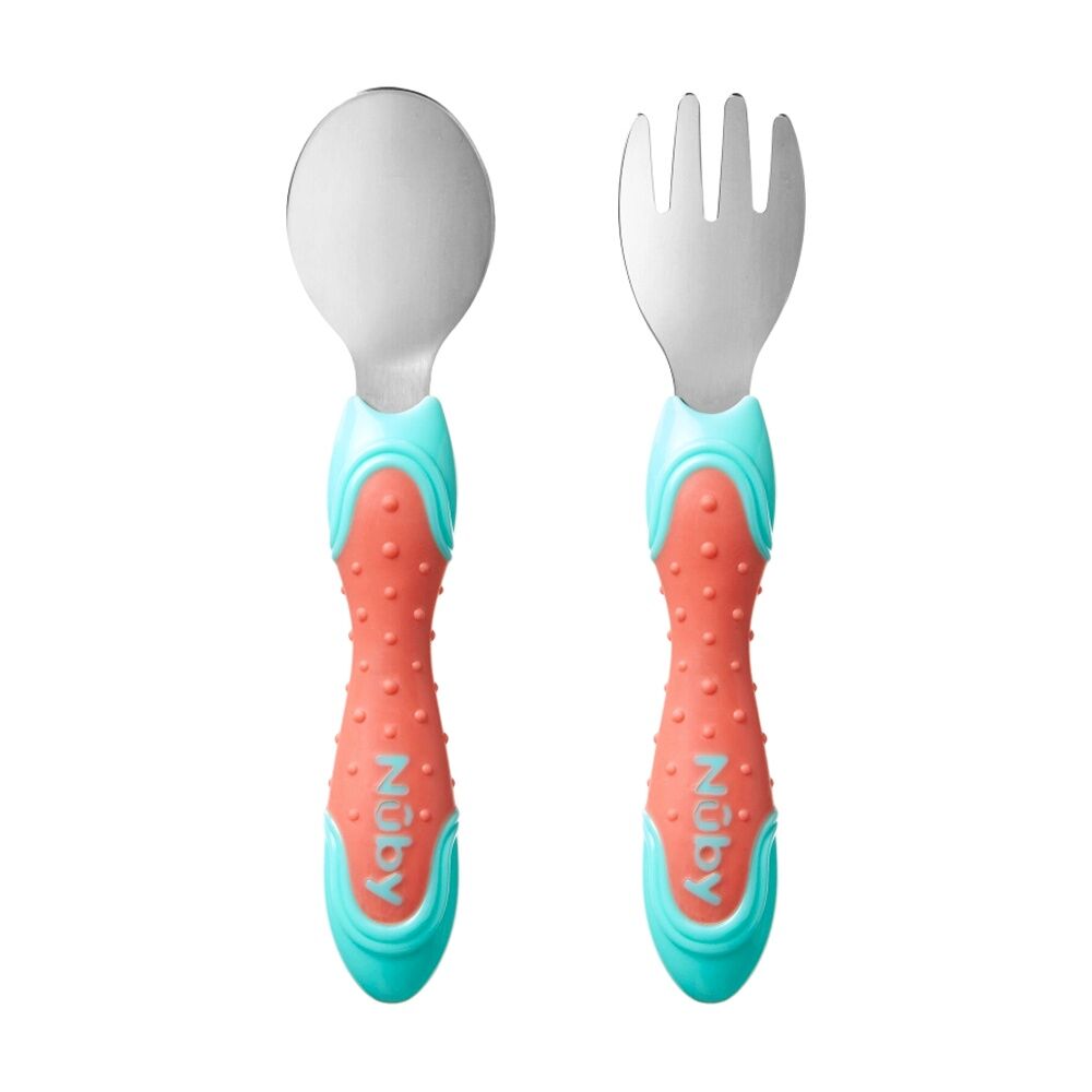 6x 2pc Nuby Stainless Steel Fork & Spoon Set Easy Grip Multicolour 12m+