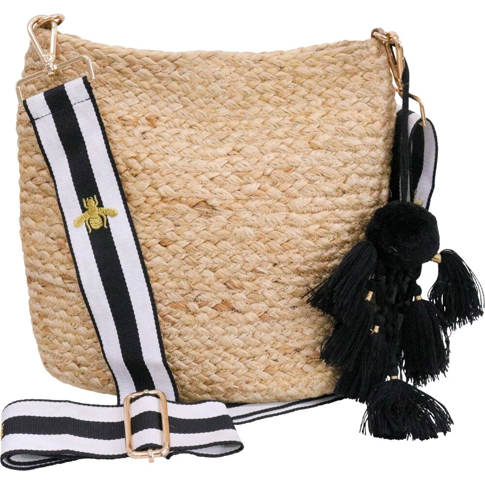 LVD Jute Women Tote W/ Black/White Stripe Bee Cross Body Strap 30x10x27cm