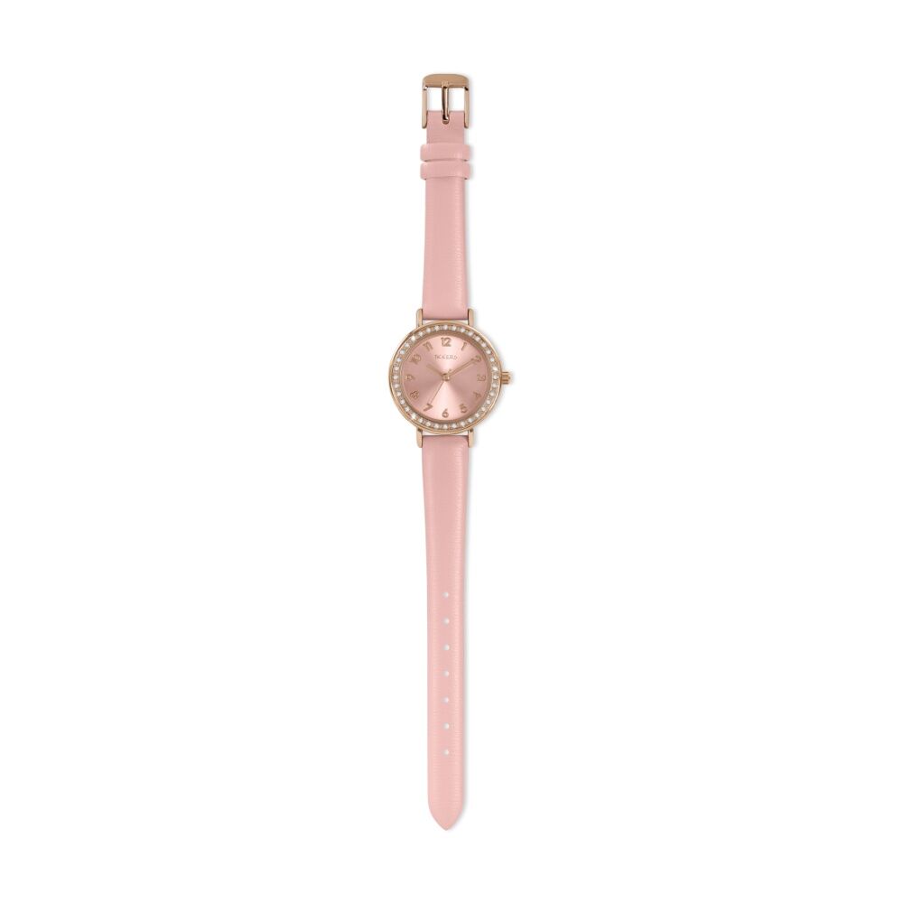 Tikkers Rose Gold Polyurethane PU Strap Girls Kids Watch Pink Stone