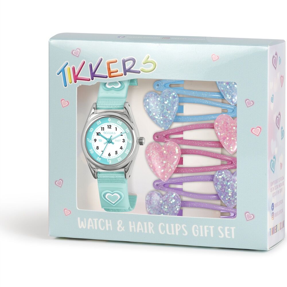 Tikkers 7pc Heart Hook And Loop Fastener Dial Watch And Hair Clips Set Green