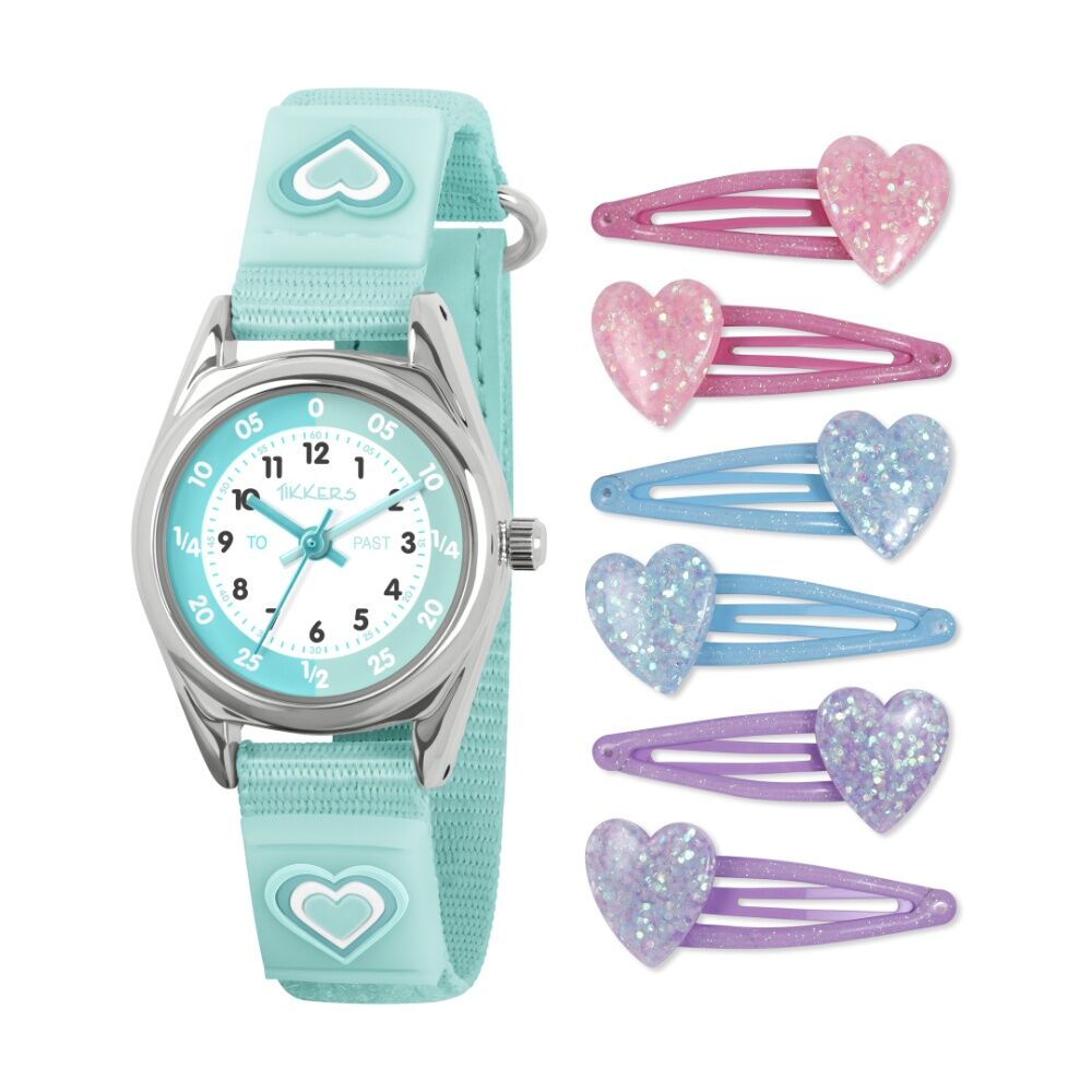 Tikkers 7pc Heart Hook And Loop Fastener Dial Watch And Hair Clips Set Green
