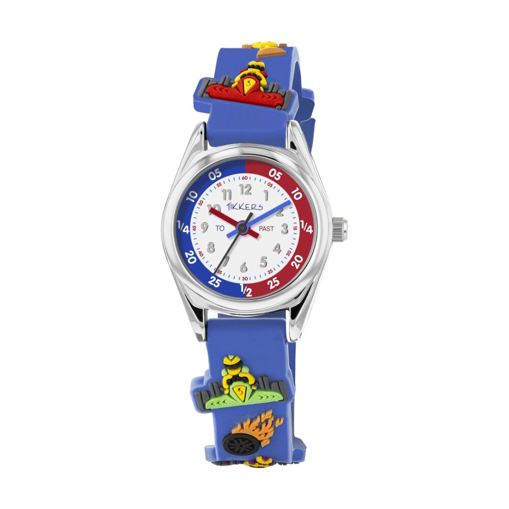 Tikkers 3D Racing Car Silicone Strap Time Teacher Dial Kids Watch Blue