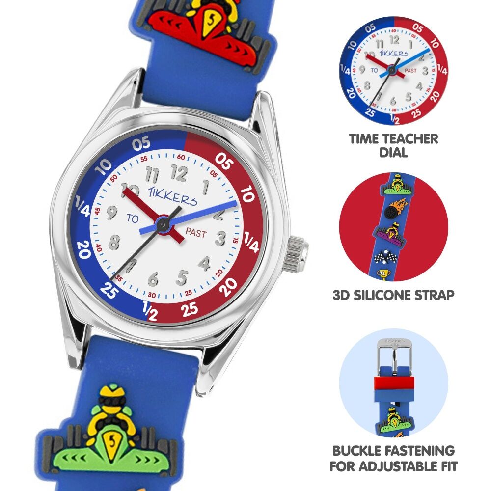 Tikkers 3D Racing Car Silicone Strap Time Teacher Dial Kids Watch Blue