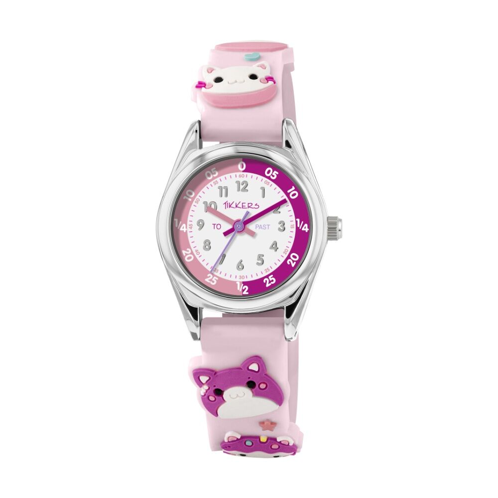 Tikkers 3D Cat Silicone Strap Time Teacher Dial Kids Watch Pink