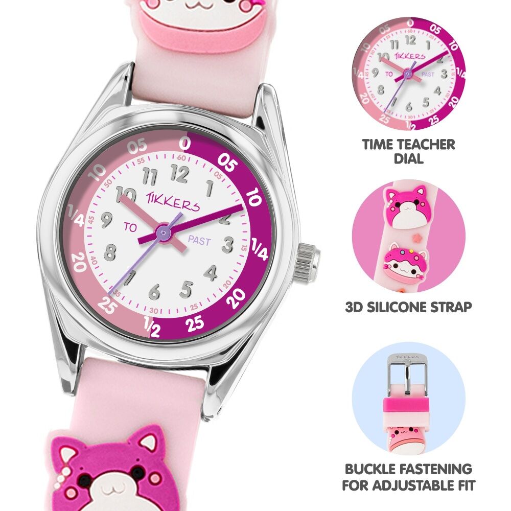 Tikkers 3D Cat Silicone Strap Time Teacher Dial Kids Watch Pink