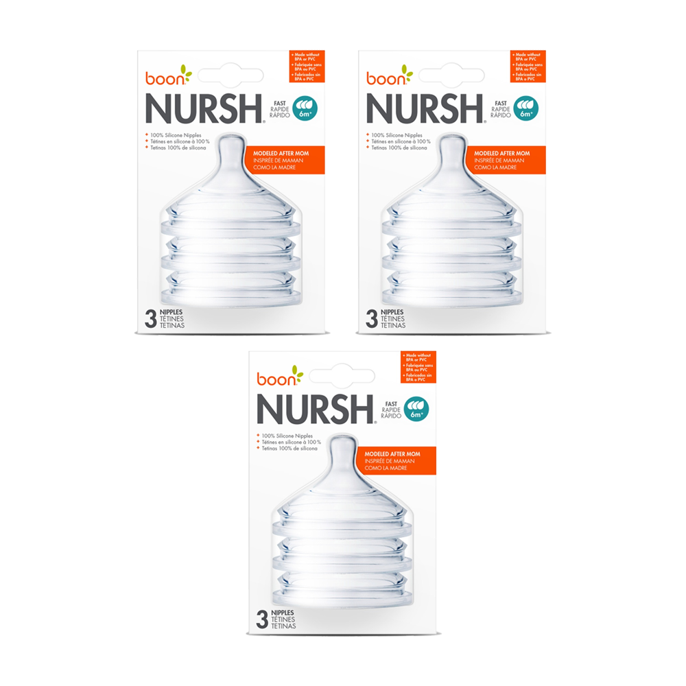 3x 3pc Boon Nursh Fast Flow Air Free Feeding Silicone Nipples Teet 6m+