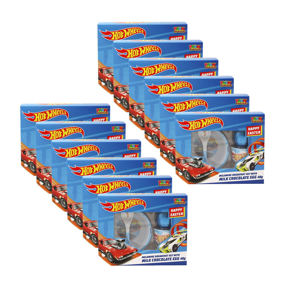12x 4pc Park Avenue Hot Wheels Breakfast Set & Milk Chocolate Easter Egg 60g