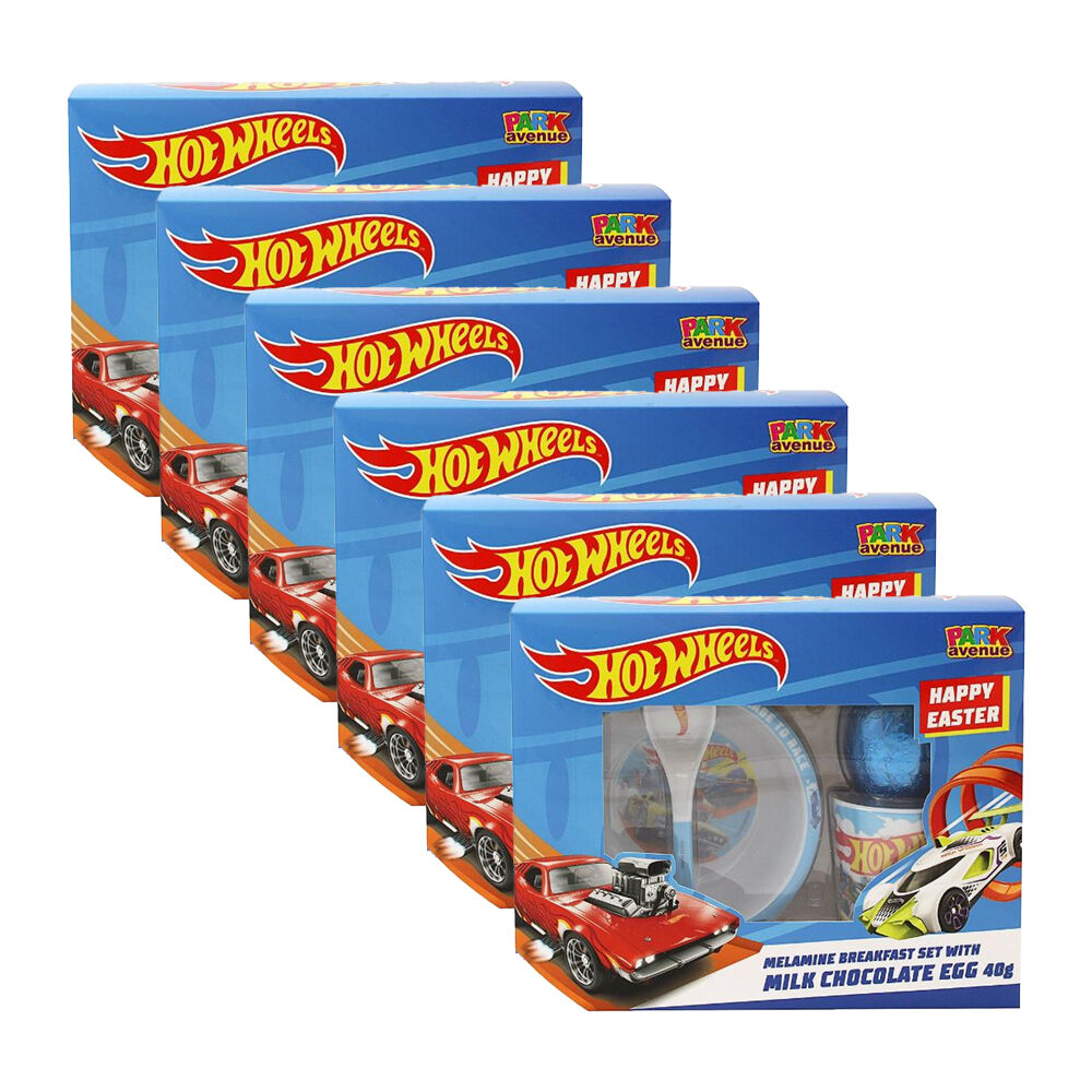 6x 4pc Park Avenue Hot Wheels Breakfast Set & Milk Chocolate Easter Egg 60g