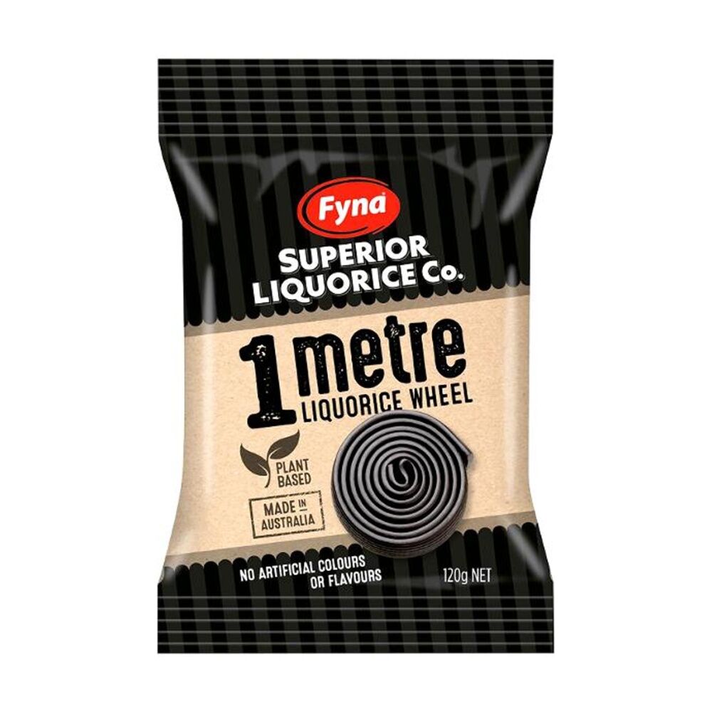 16PK Fyna Superior Liquorice Co 1m Black Wheel Plant Based Candy 120g