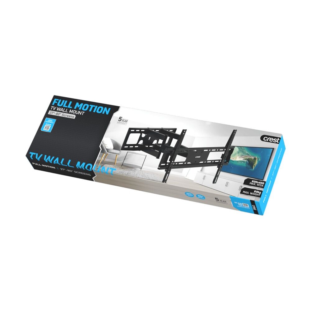 Crest Full Motion TV Wall Mount Fits 37 to 80 Inch Screens Holds 60kg Black
