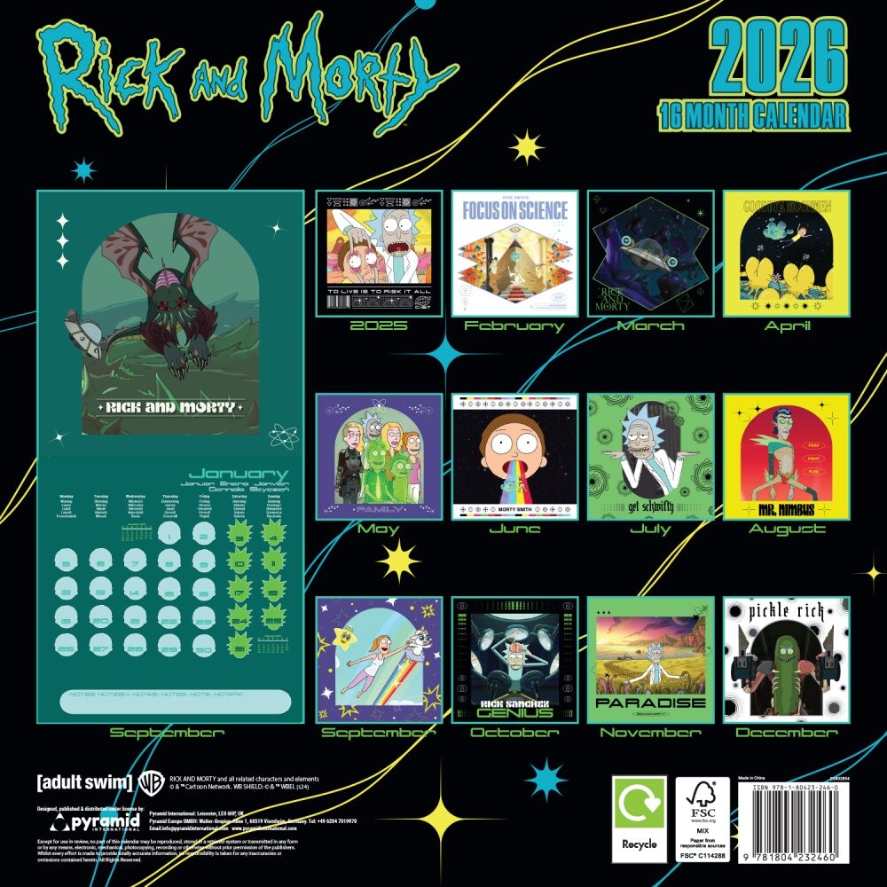 Cartoon Network Rick and Morty 2026 Square Wall Calendar Room Decor 30x30cm