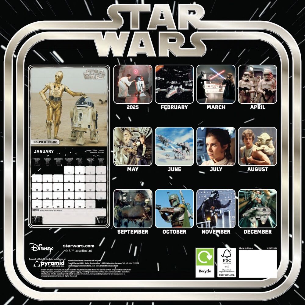 Star Wars Classic 2026 Square Wall Calendar Room Decor 30x30cm