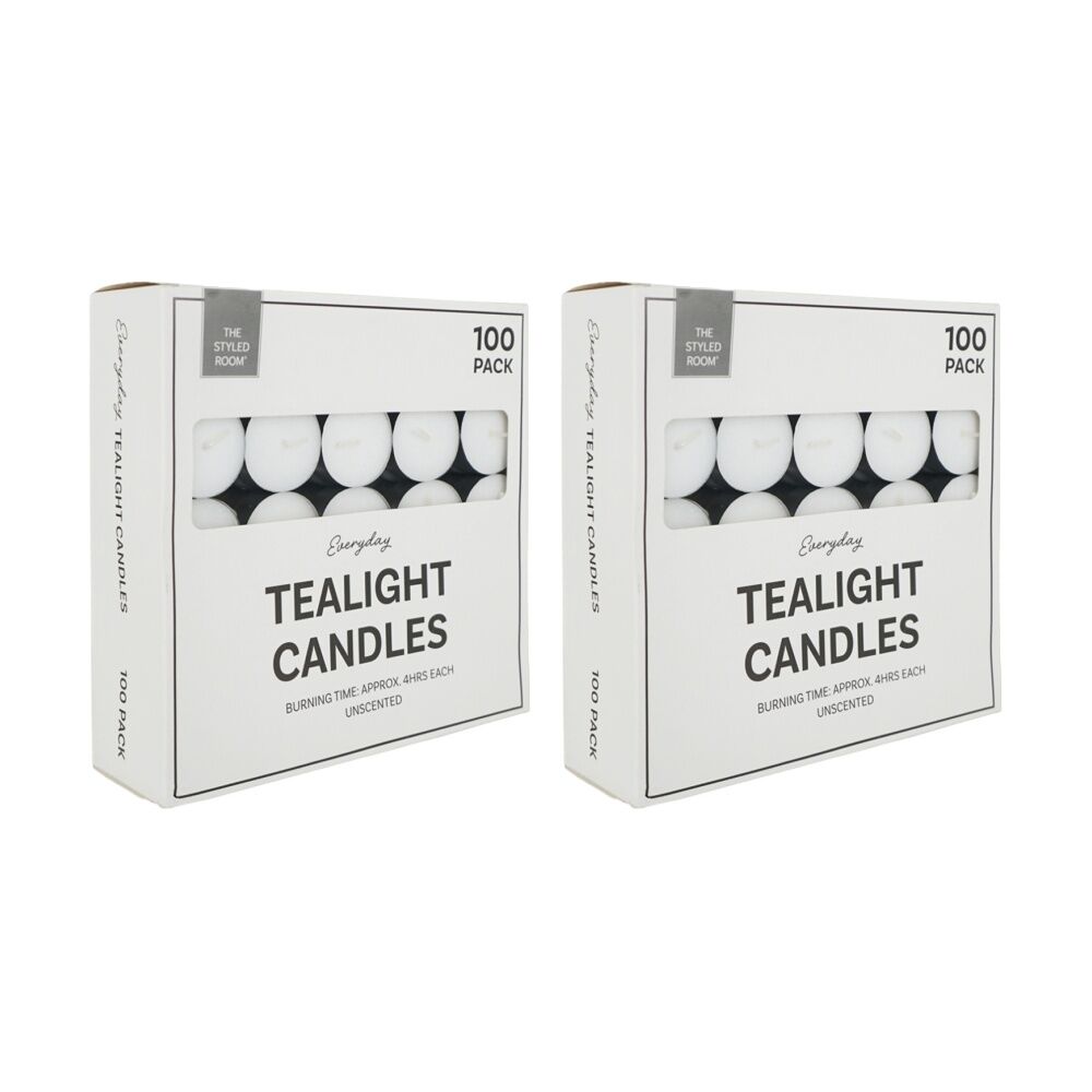 2x 100pc The Styled Room 4 Hour Unscented Tealight Candles Home Fragrance White