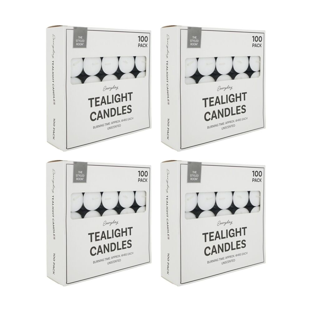 4x 100pc The Styled Room 4 Hour Unscented Tealight Candles Home Fragrance White