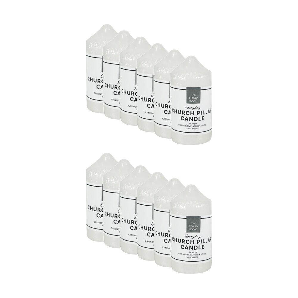 12PK The Styled Room Unscented Church Pillar Candle Home Fragrance 5x10cm White