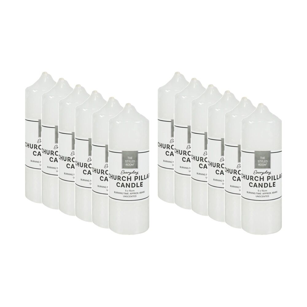 12PK The Styled Room Unscented Church Pillar Candle Home Fragrance 5x15cm White