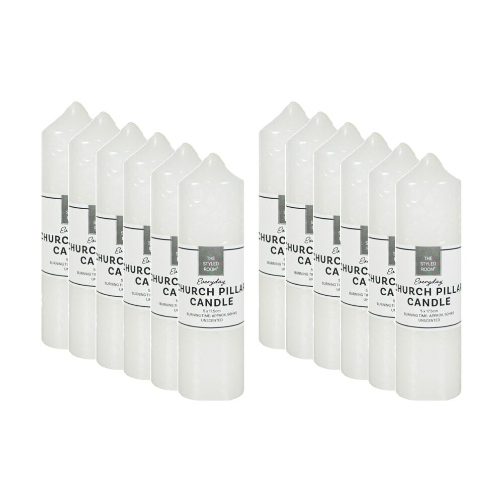 12PK The Styled Room Unscented Church Pillar Candle 5x17.5cm White