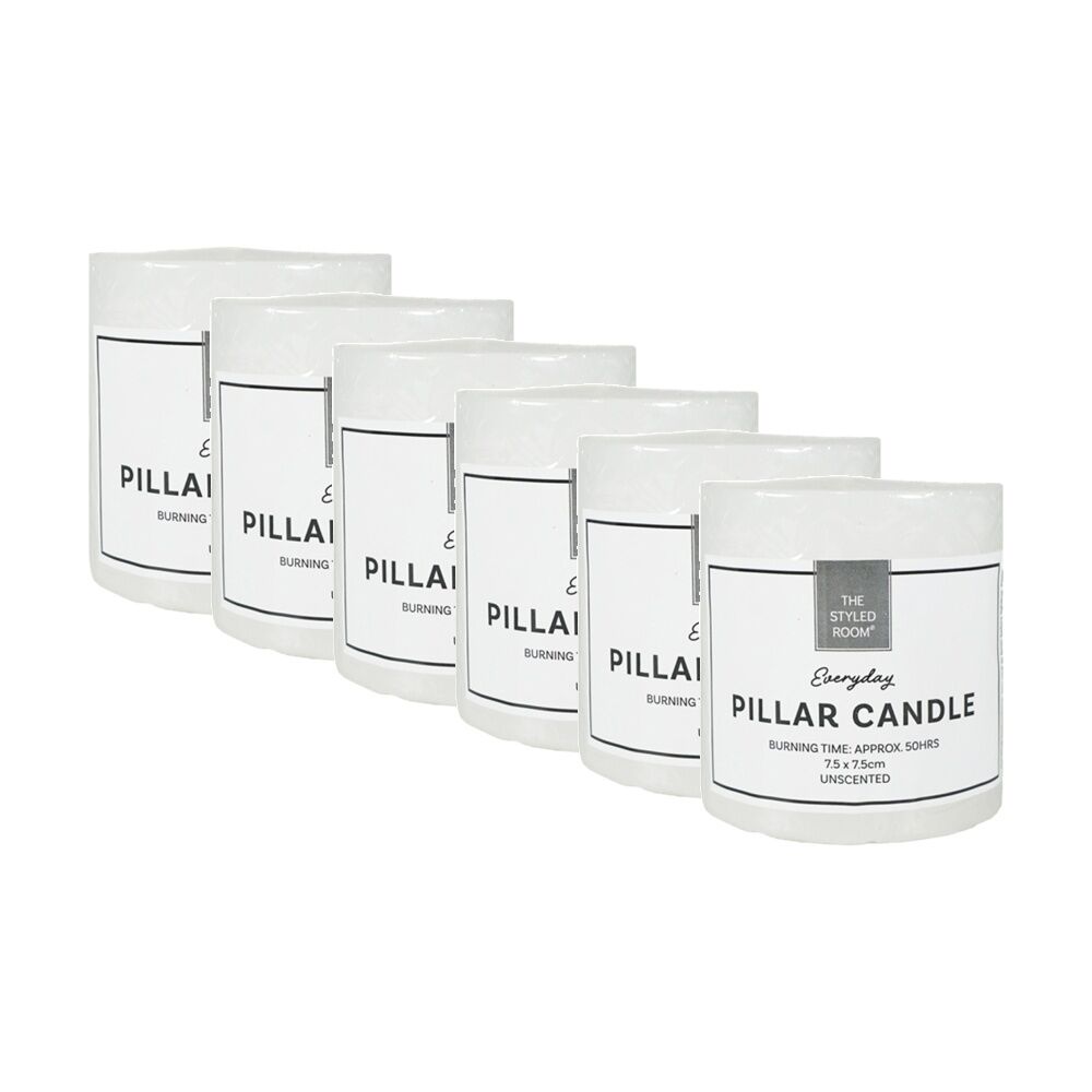 6PK The Styled Room 50 Hour Unscented Pillar Candle 7.5x7.5cm White