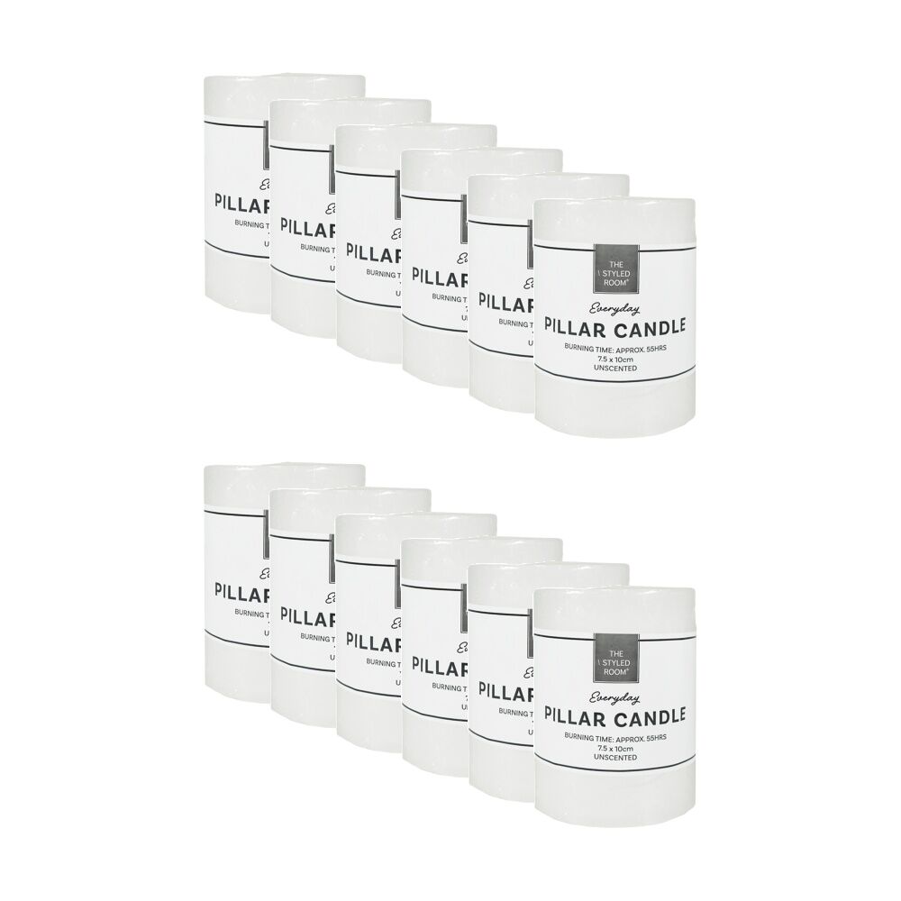 12PK The Styled Room 55 Hour Unscented Pillar Candle 7.5x10cm White