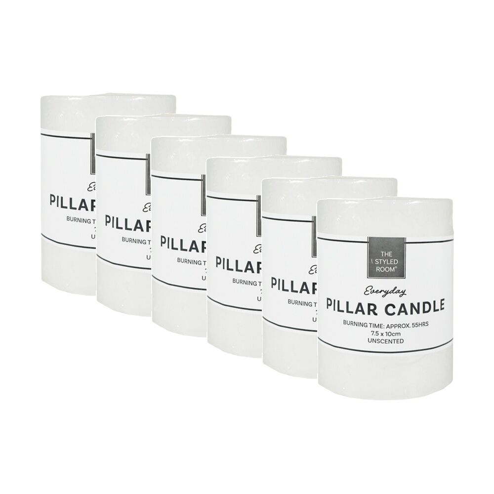 6PK The Styled Room 55 Hour Unscented Pillar Candle 7.5x10cm White