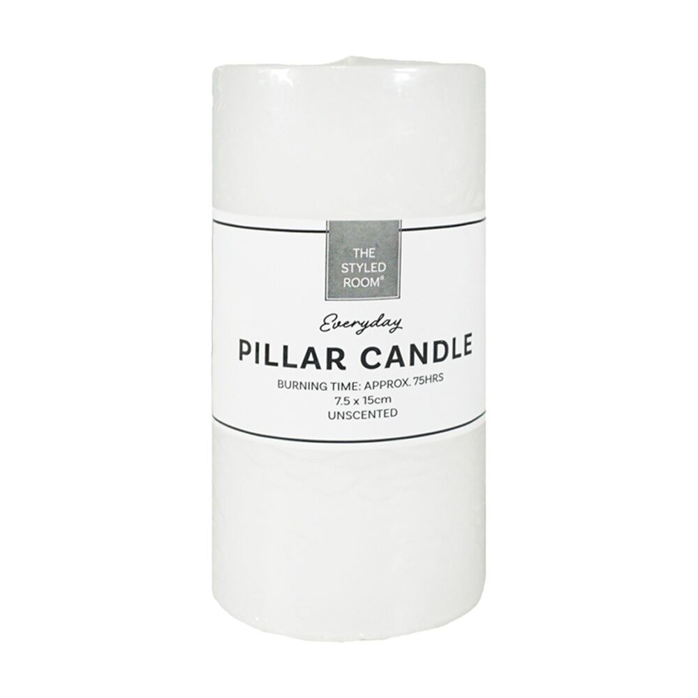 12PK The Styled Room 75 Hour Unscented Pillar Candle 7.5x15cm White
