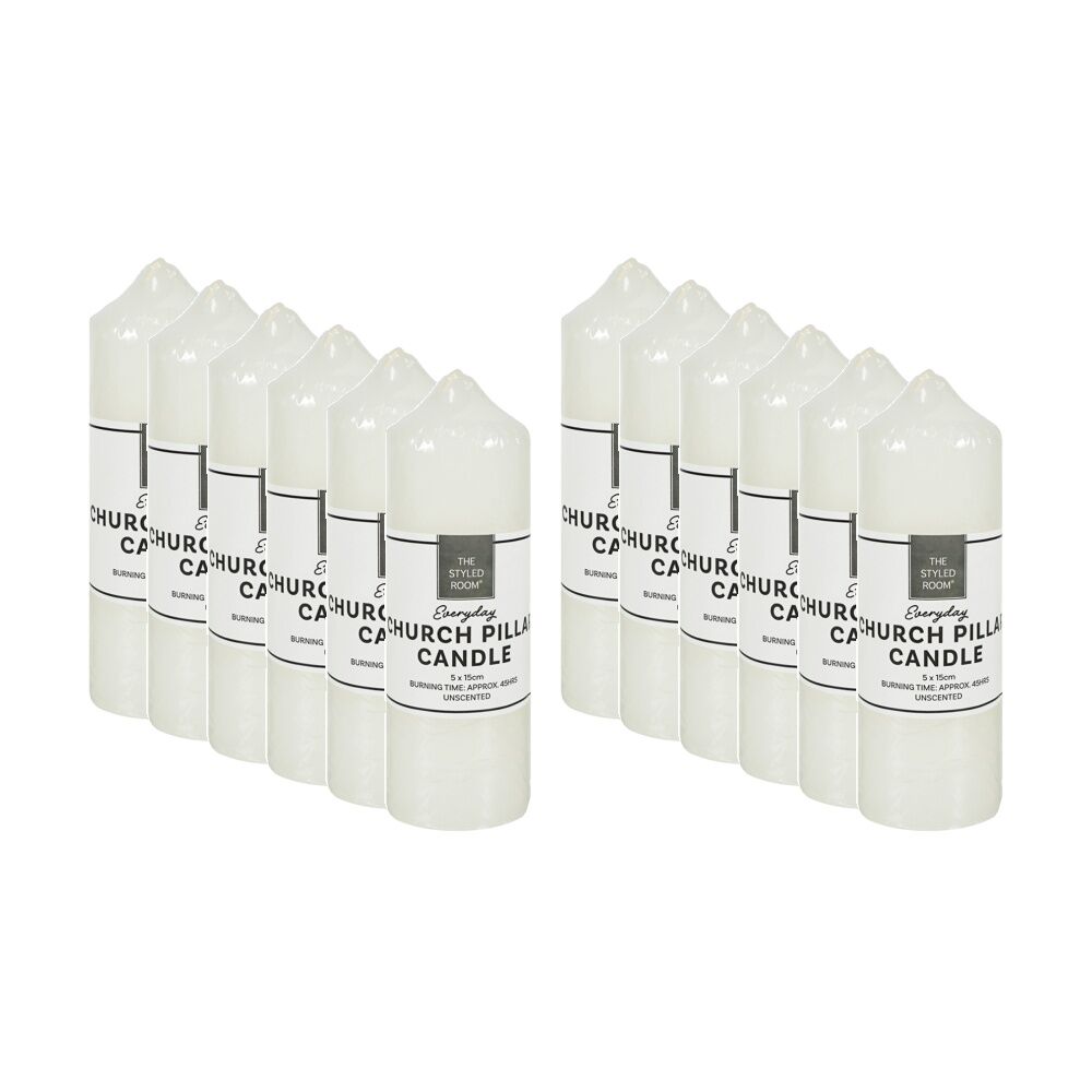 12PK The Styled Room Unscented Church Pillar Candle Home Fragrance 5x15cm Ivory