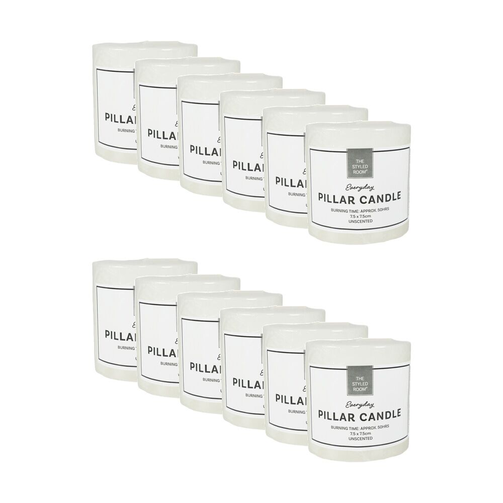 12PK The Styled Room 50 Hour Unscented Pillar Candle 7.5x7.5cm Ivory