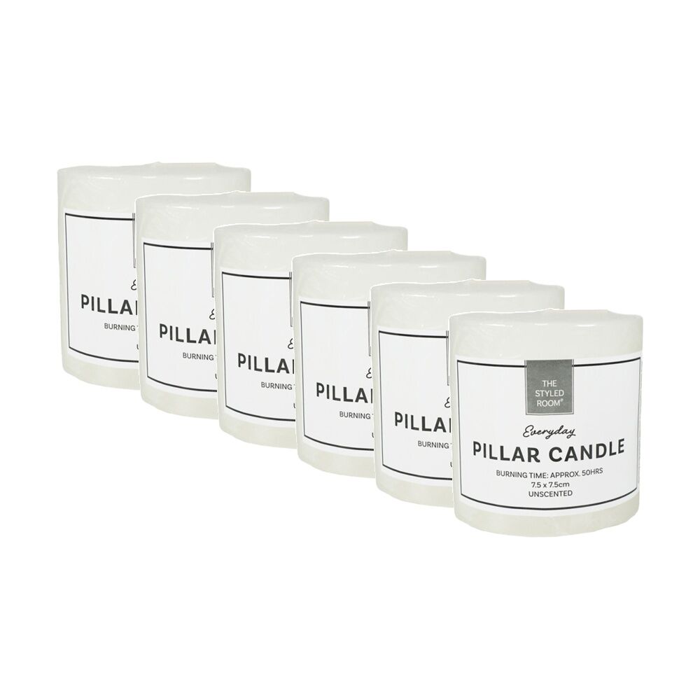 6PK The Styled Room 50HR Unscented Pillar Candle Home Fragrance 7.5x7.5cm Ivory