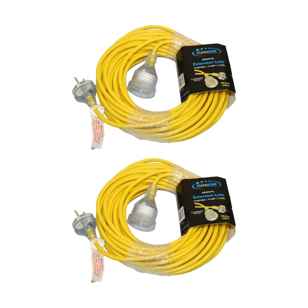 2PK Cleanstar 18m Extention Lead 10 Amp Plug With Yellow Illuminated Socket