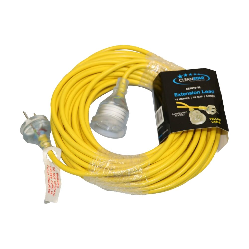 2PK Cleanstar 18m Extention Lead 10 Amp Plug With Yellow Illuminated Socket