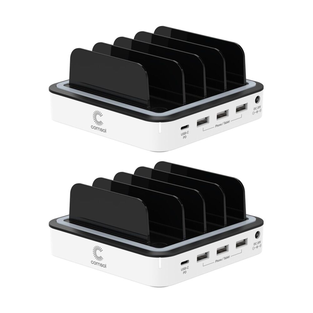 2PK Comsol 4 Port Desktop USB-C & 3 USB-A Charging Station 2.4A Ports White 48W