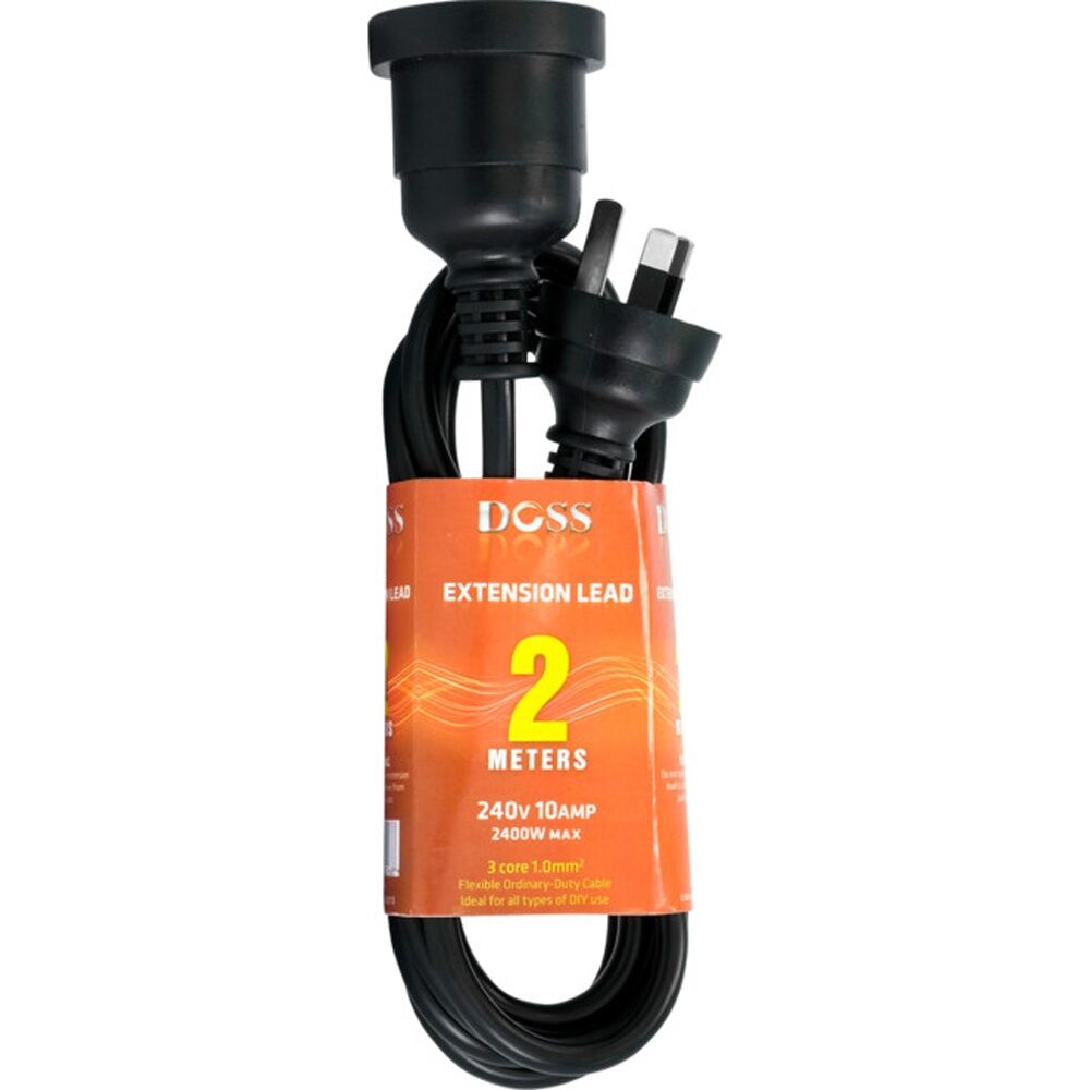 6PK Doss 2M Power Extension Lead Black 2 Meter Cord 2400W 240V PVC DOSS