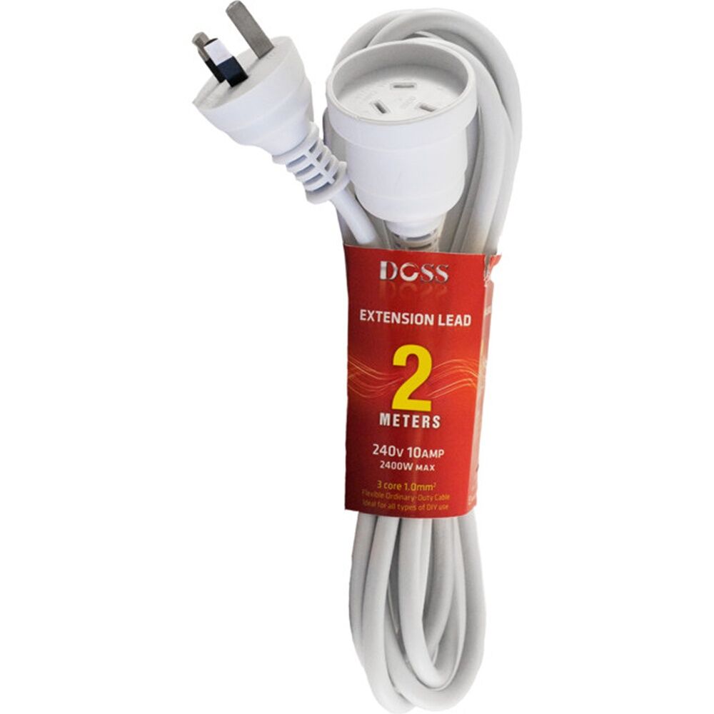 3PK Doss 2M Power Extension Lead White Cord Australian 240V DOSS 2400W