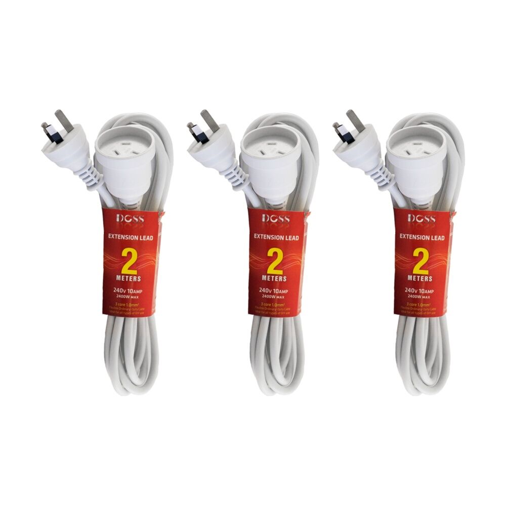 3PK Doss 2M Power Extension Lead White Cord Australian 240V DOSS 2400W