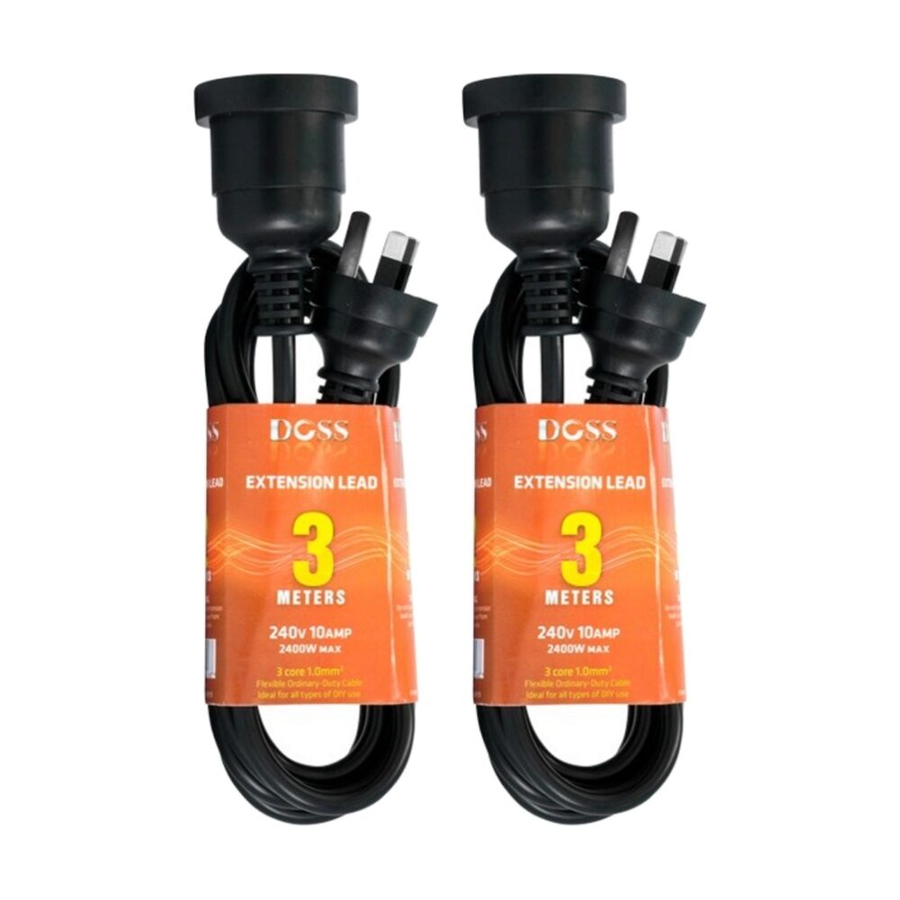 2PK Doss 3M Power Extension Lead Black Cord 3 Metre Electrical DOSS