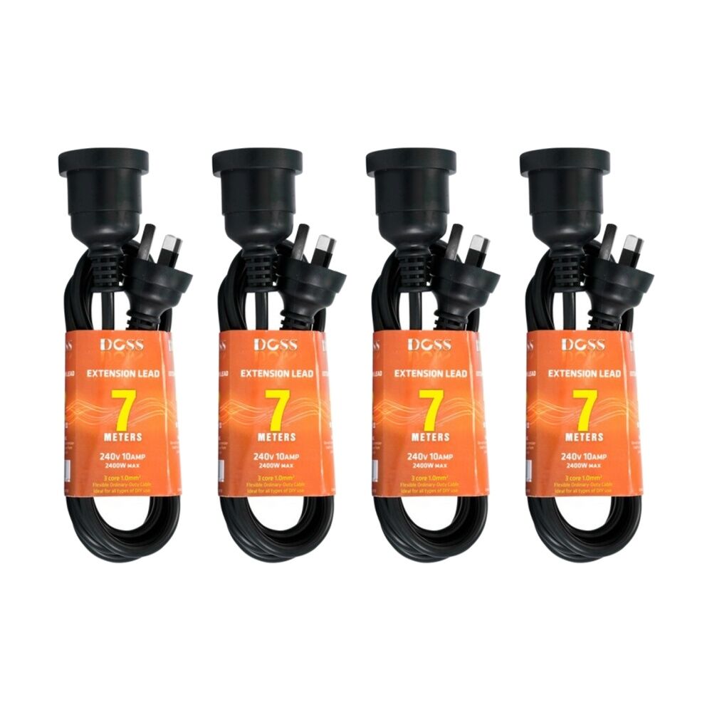 4PK Doss 7M Power Extension Lead Black 7 Metre Cord 2400W PVC Australia