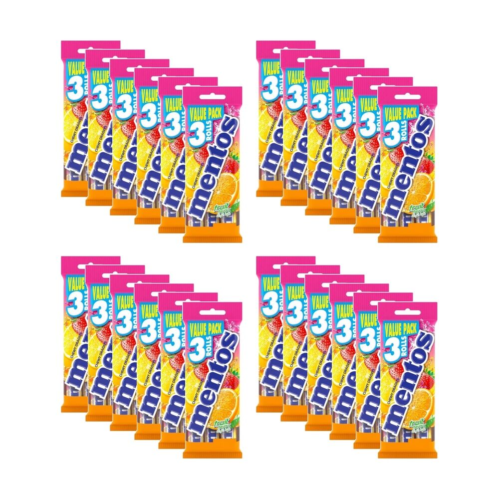 24x 3pc Mentos Fruit Roll Chewing Dragees Strawberry/Orange/Lemon Pack 29g