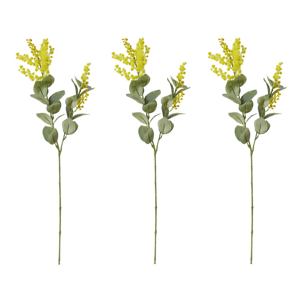 3PK E Style Wattle Pick Spray Stem Artificial Flower Decor Yellow 10x5x61cm